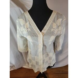 NWT Indigo & Lace Size Small Ivory Cream Embroidered Button Up Top